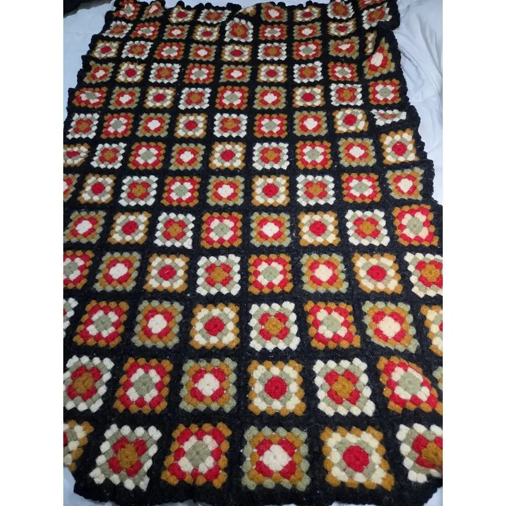 VTG Multicolor Wool Crochet Granny Square Roseanne FairIsle Quilt Blanket 50x40”